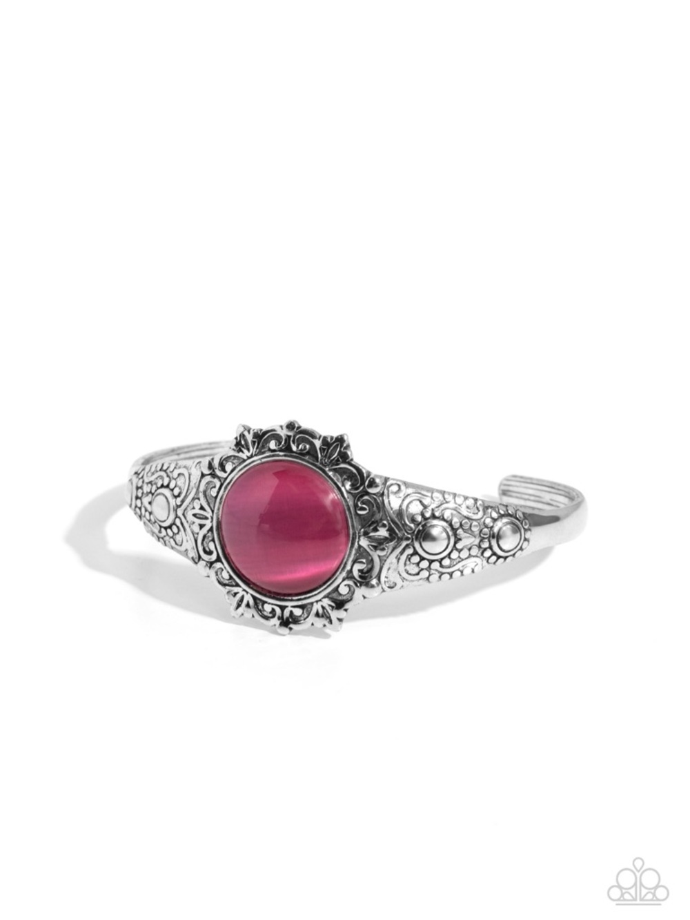 B-56 Silver-Tone Pink Cabochon Filigree Cuff Bracelet